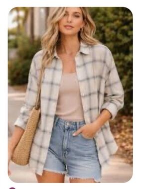 Not Monday XL Bella plaid cream-grey button down boyfriend oversized cotton top